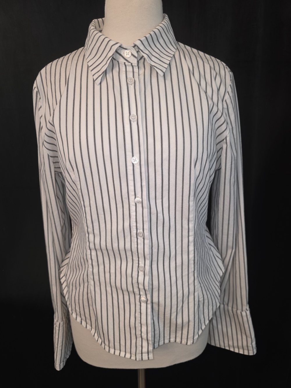 Fashion Nova White Button-Down Shirt with Black Stripes